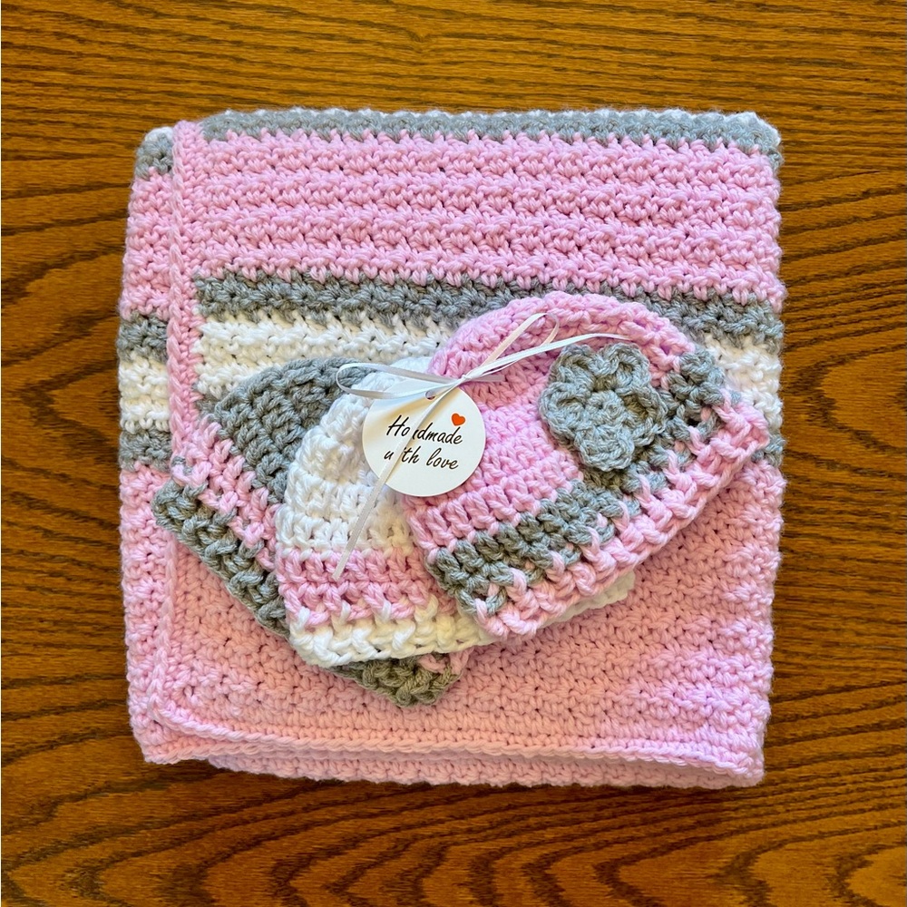Pink and Gray Crochet Hat with Striped Pattern